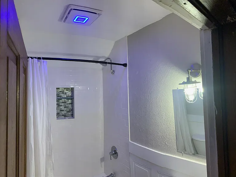 Upstairs bathroom with blue tooth enabled speaker for showers with tunes, and moon light for late night trips to bathroom