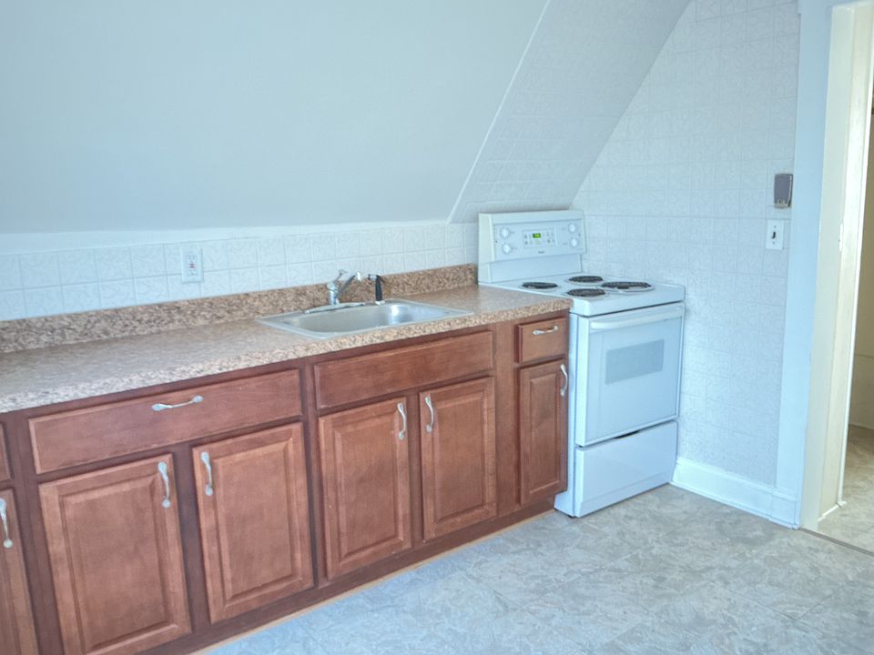 Stainless steel sink, stove and cabinets in kitchen.