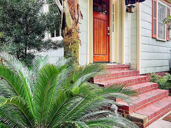 Front door with Sago palm at entrance,