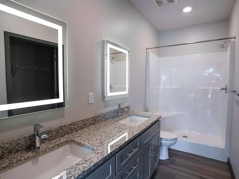 Double vanity in bathroom at The Harbor.