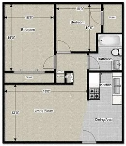 Floor plan 2 Bedroom 1 Bath Deluxe