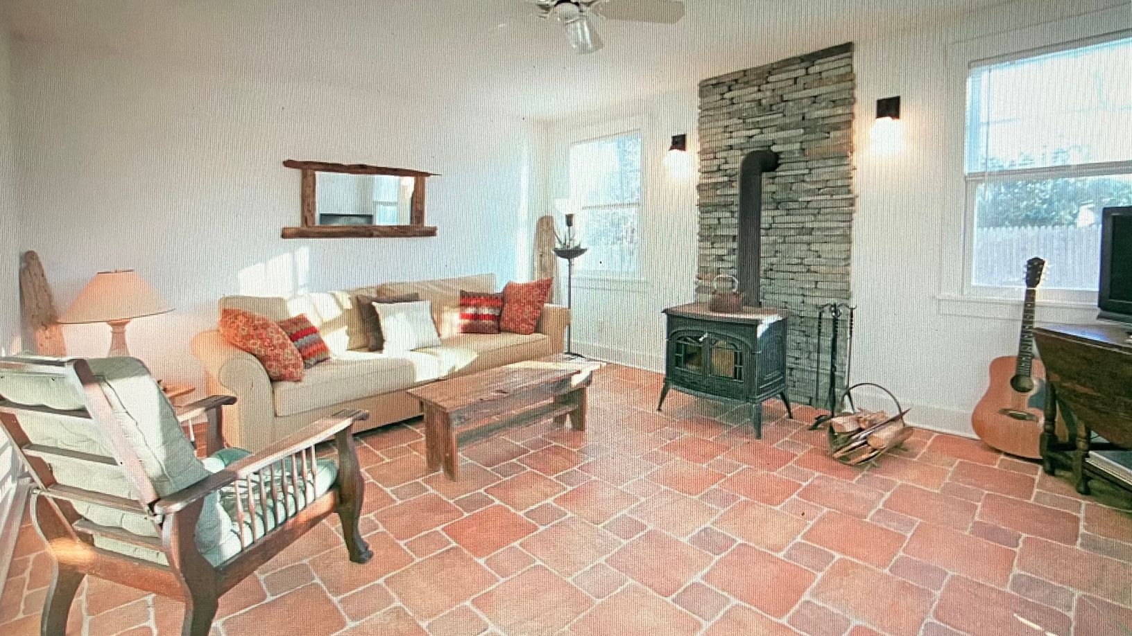 Living room, wood burning stove.