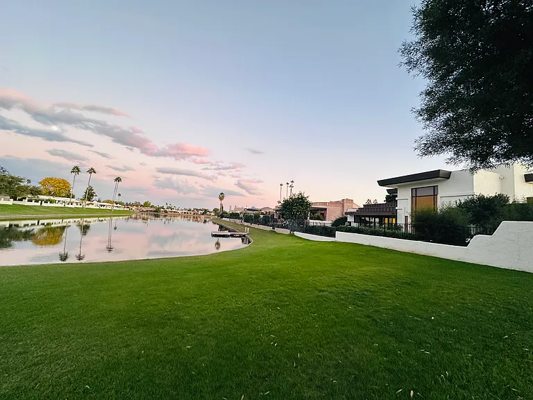 Back of the house with the stunning lake view .