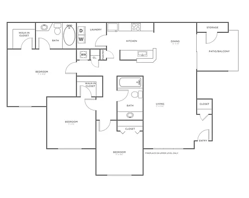 Floor plan Three Bedroom Two Bath (1285 SF)