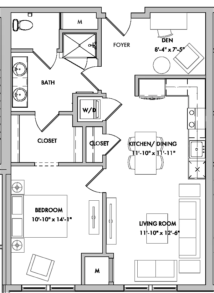 Floor plan Melford I 1 Bed/1 Bath Den-AD4C