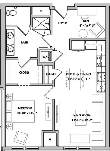 Floor plan Mansions 1 1 Bed/1 Bath Den-AD4C