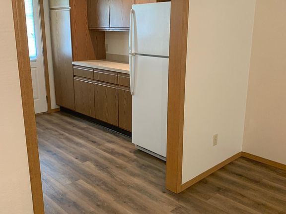 Shown is the left side of Kitchen. Full size Pantry and lots of counter and storage space. Refrigerator with ice maker comes with unit. Ceiling has recessed lighting. Also is a door that goes out onto the wooden patio deck.