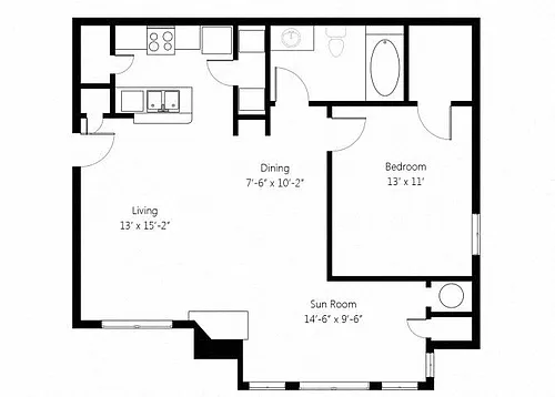 Floor plan Villas A2B 1bed 1bath with Sunroom