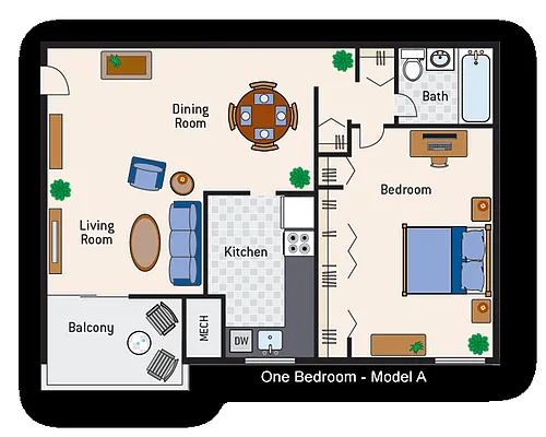 Floor plan 1 Bedroom 1 Bath Type A