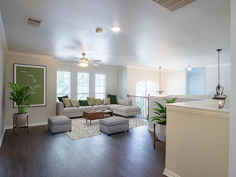 This image shows a virtually furnished space. This space comes unfurnished.