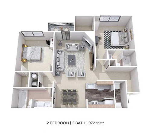 Floor plan Two Bedroom 2 Bath-972 sqft