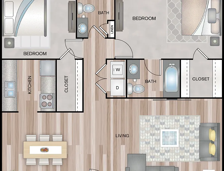 2 BEDROOMS 2 BATHS 1077 SQFT