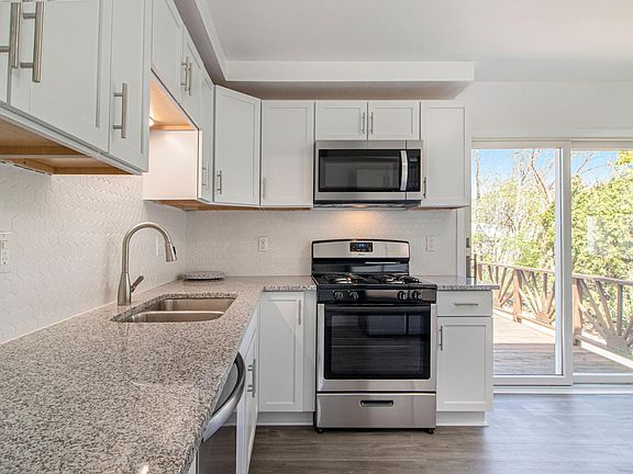 All brand new stainless steel appliances, gas stove, kitchen cabinets, quartz countertops, and luxury vinyl plank flooring