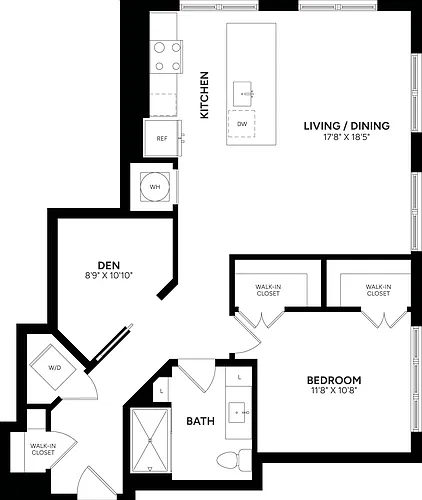 Floor plan 1 Bed/ 1 Bath Den-B10