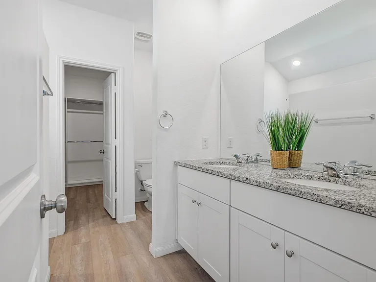 Bathroom features a long granite-top vanity with ample storage, large mirror, and nearby walk-in shower area.