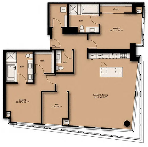 Floor plan Wave 2 Bed 2.5 Bath Den Penthouse CDP3