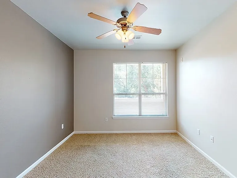 Spacious apartment bedroom with plush carpet flooring.