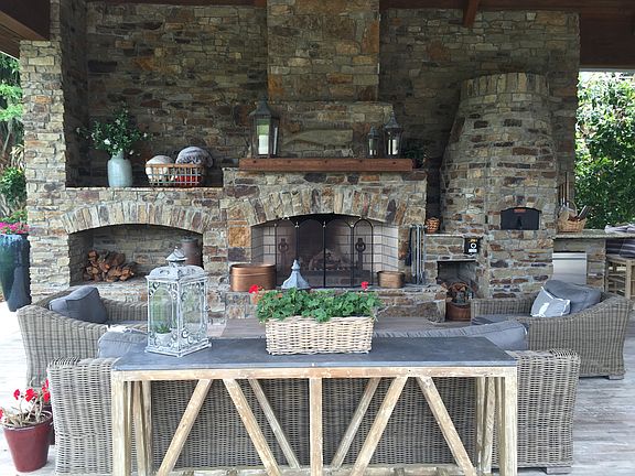 Stacked stone fireplace and 
