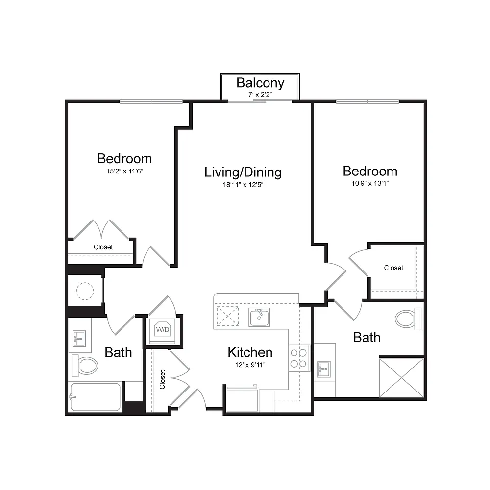 Floor plan Two Bedroom/Two Bath (2C-A) Balcony