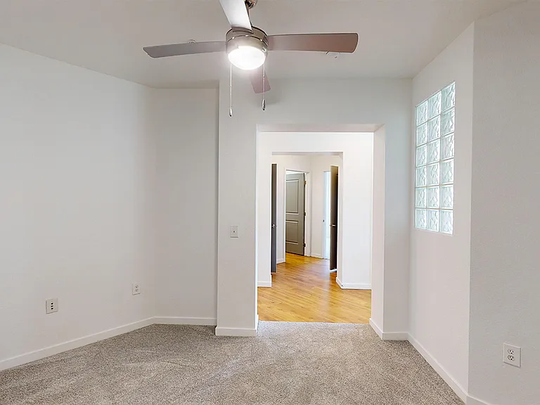 Apartment study with plush carpet flooring.