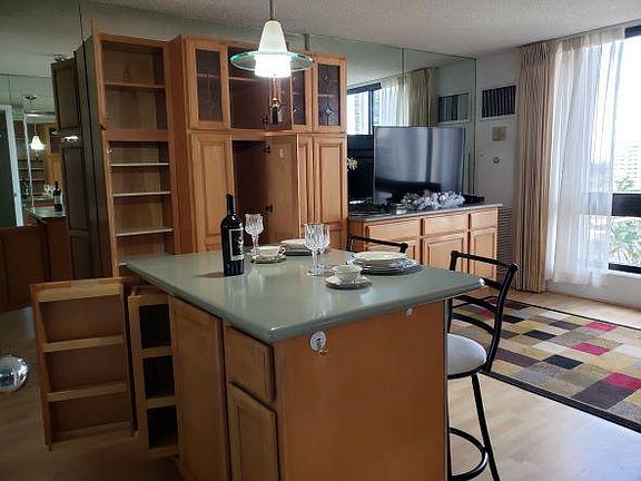 Perspective with island doors open viewing lots of storage, and closet storage too.