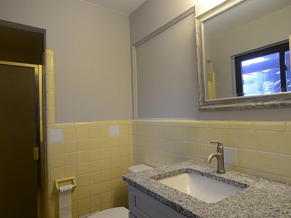 master bathroom, new vanity, mirror, toilet.