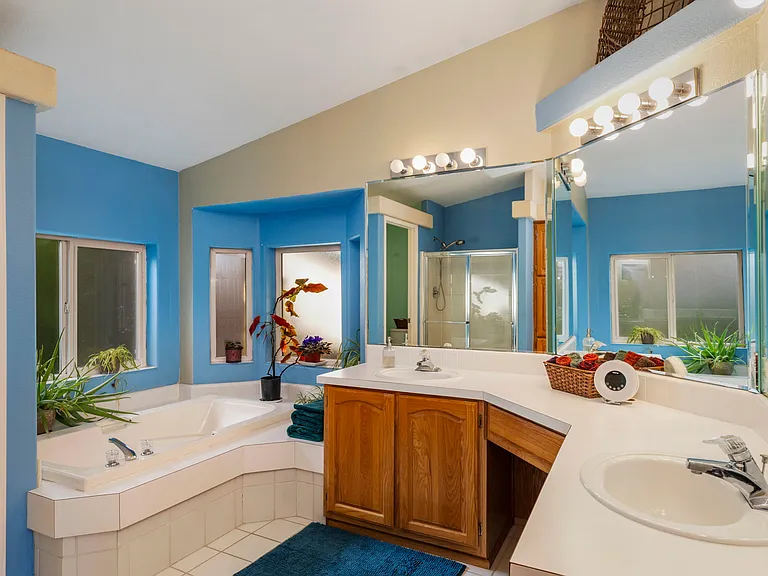Main bathroom with a deep tub and walk-in shower