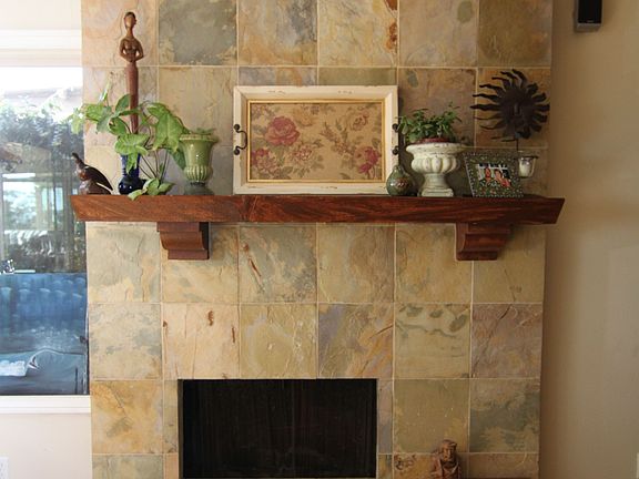 Slate fireplace in the living room. 