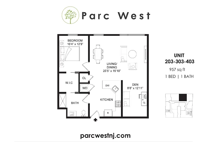 Floor plan One Bed plus Den - 3 line
