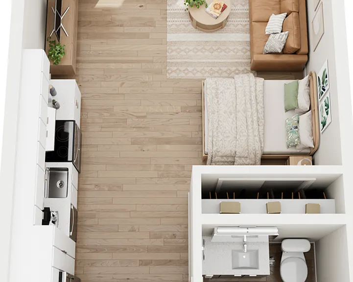 Explore this contemporary studio apartment designed for optimal space and comfort. Explore this contemporary studio apartment designed for optimal space and comfort.