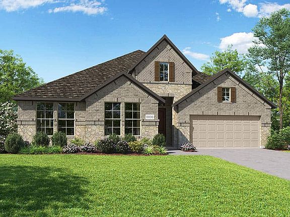 Elevation D is a single story farmhouse inspired brick and stone elevation with a metal roof detail