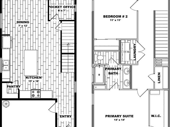 Black and white floor plan showing two levels first floor with garage, kitchen, dining, great room,