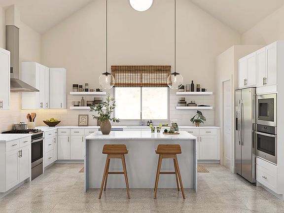 Kitchen with pendant lighting and floating shelves