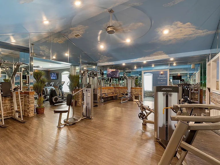 Elegant fitness center with modern gym equipment, mirrored walls, and a scenic ceiling design, creating an inviting workout atmosphere.