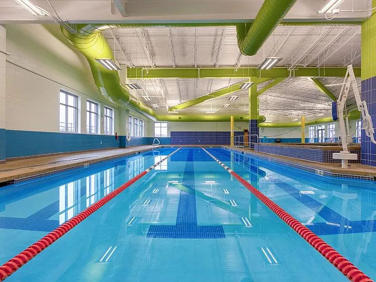 During cooler months, families hang out at the heated pool with beach entry, slide and lap lanes.