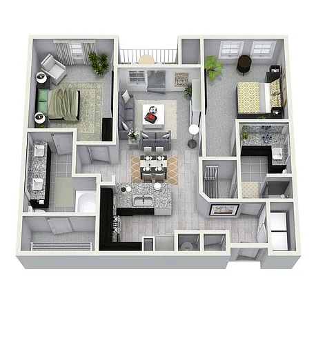 Floor plan 2 Bedroom 2 Bath 1107 sqft B2