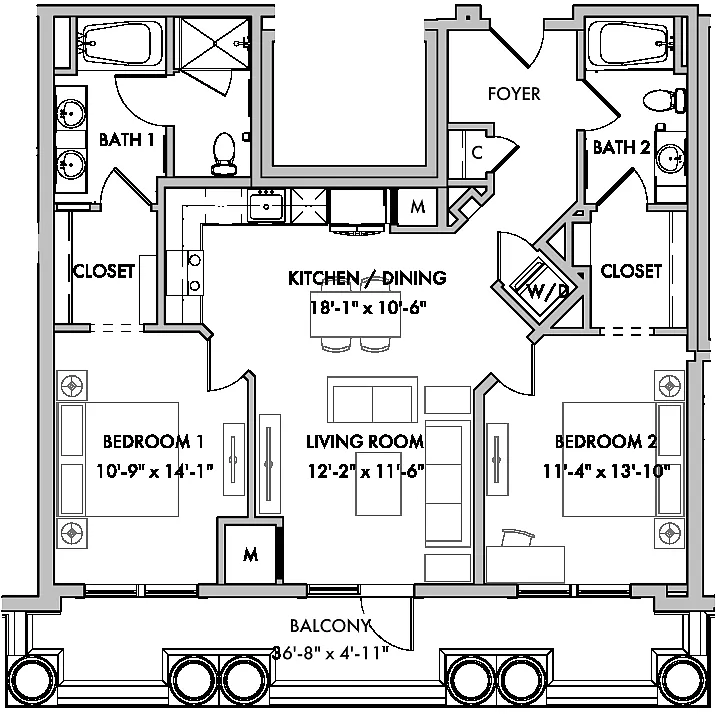 Floor plan Melford I 2 Bed/2 Bath-B3-B