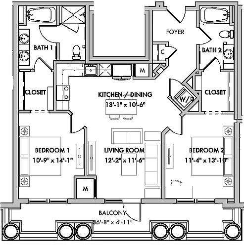 Floor plan Mansions 1 2 Bed/2 Bath-B3-B