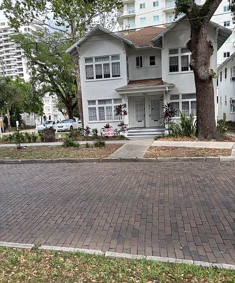 Brick streets, side yard, parking is free, next door to the Sanctuary and Stubborn Mule Restaurant