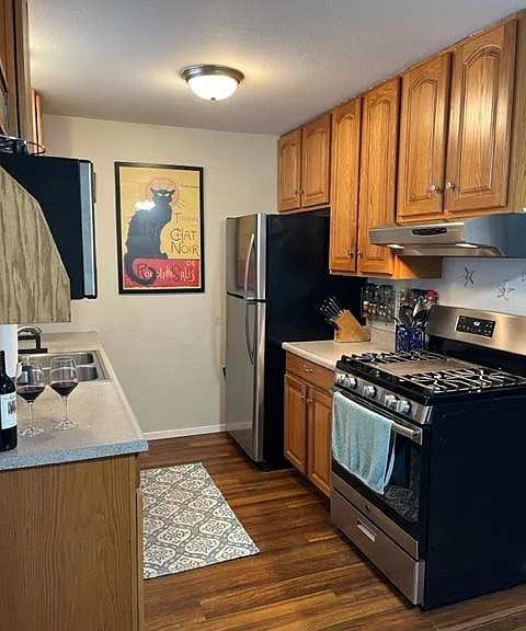Stainless steel refrigerator and range in kitchen.