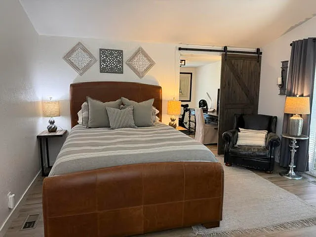 master bed, view to office off master bedroom