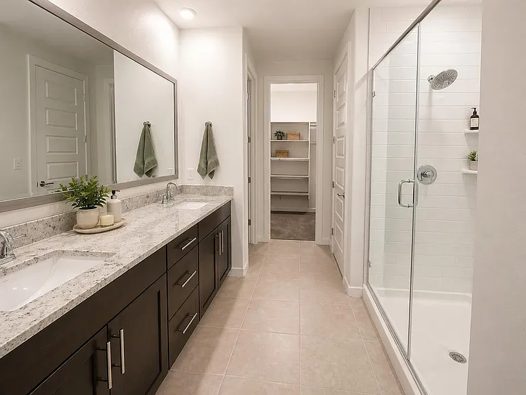 Spacious bathroom with double-sink vanity, stone-look countertops, and a glass-enclosed shower plus built-in storage.