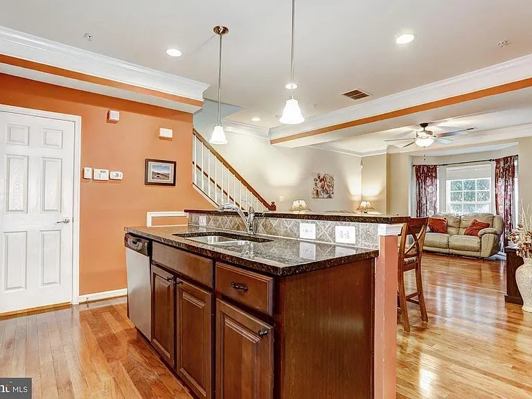 Kitchen island and living room