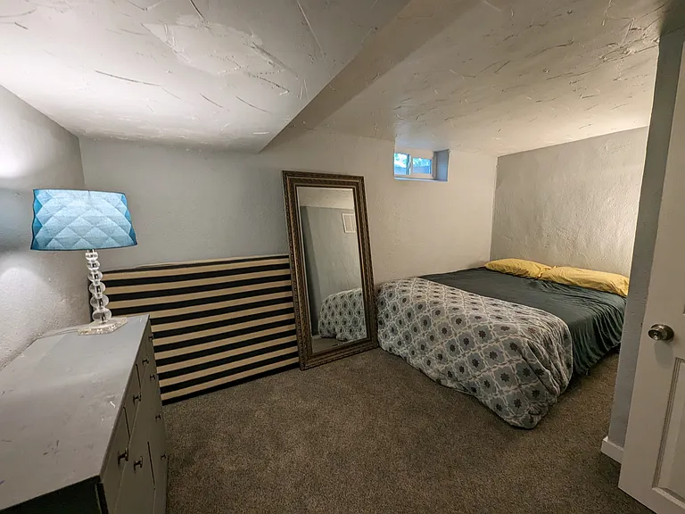 Basement bedroom with closet.