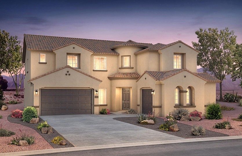 Our Cimarron elevation A offers a stucco exterior, and pitched tile roof.