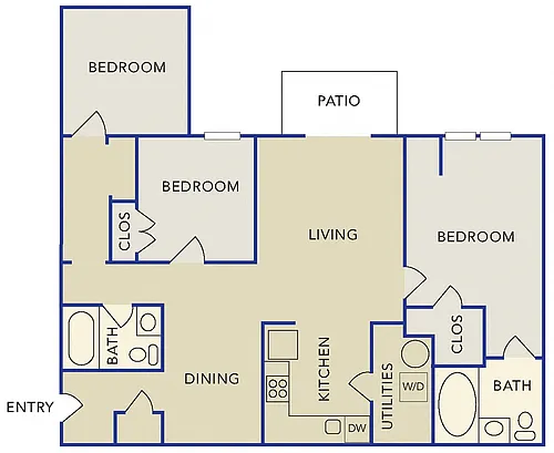 Floor plan Three Bedroom 2 bath apartment "B"