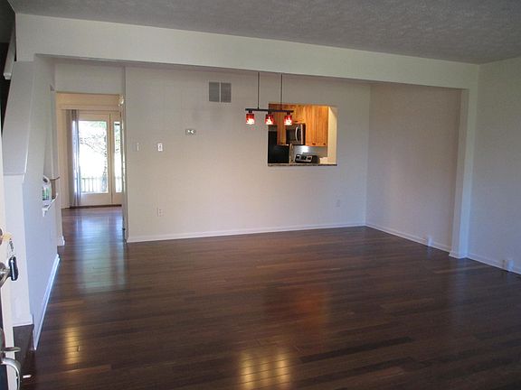 Large living and dining area, chestnut floors, pendant tiffany lights