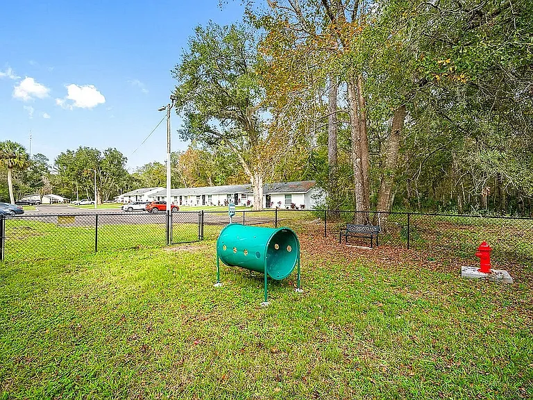 Inviting pet-friendly green space with a playful tunnel feature, enclosed for safety and convenience, perfect for relaxation and outdoor fun.