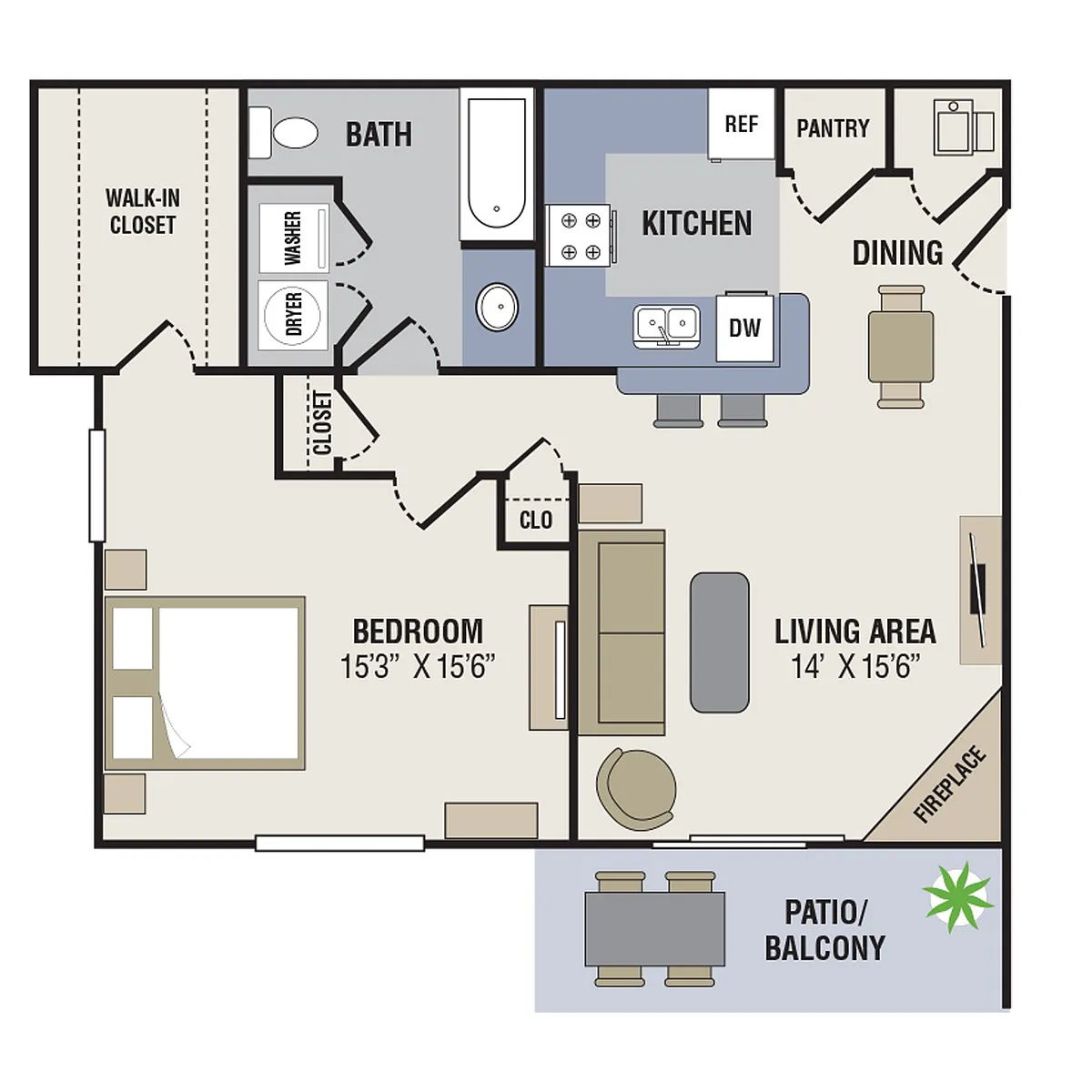 Floor plan 1 Bedroom, 1 Bathroom - 810 SF