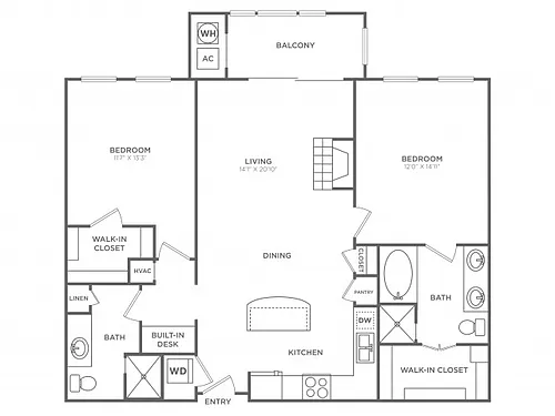 Floor plan 2 Bedroom 2 Bath (1,170 SF)